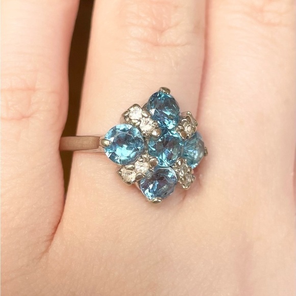 swiss blue topaz diamond flower snowflake 10k solid white gold cluster r… - Picture 4 of 11